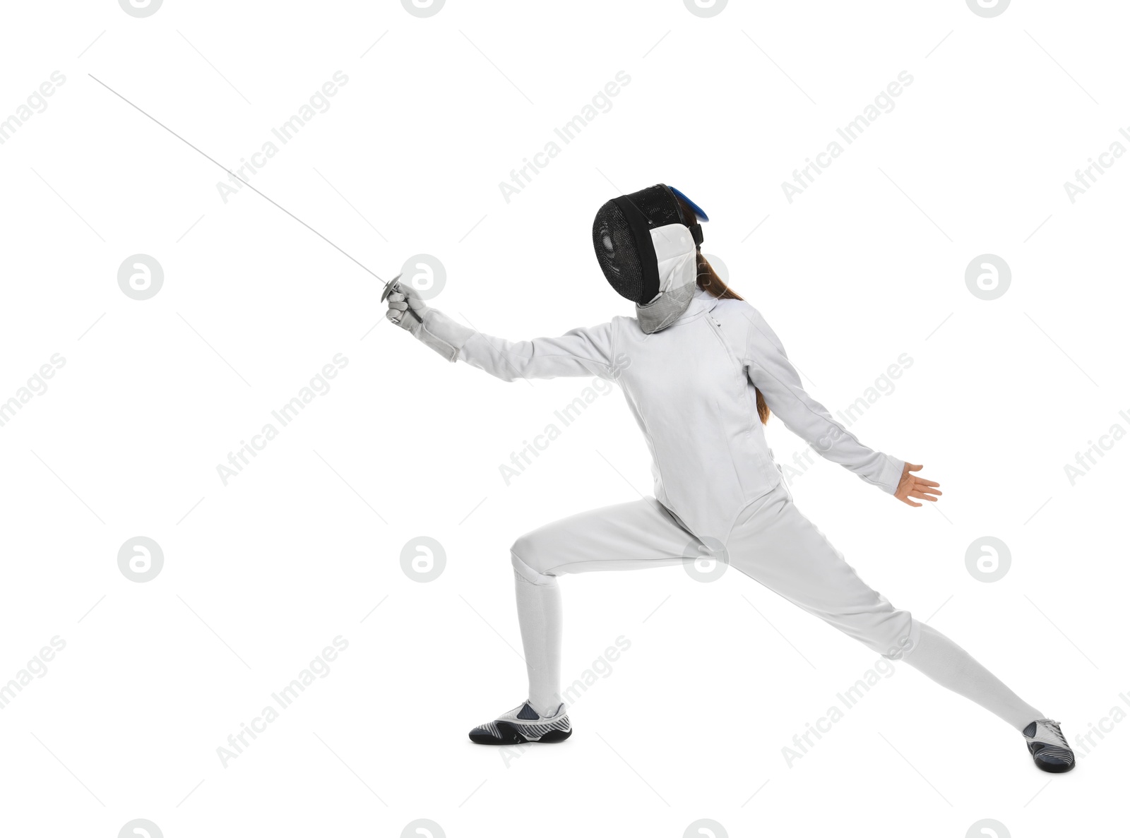 Photo of Fencer with epee practicing on white background