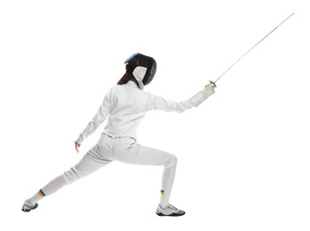 Photo of Fencer with epee practicing on white background