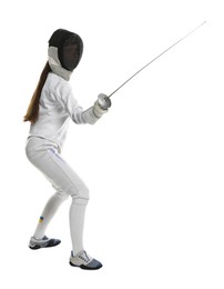 Photo of Fencer with epee practicing on white background