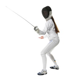 Photo of Fencer with epee practicing on white background