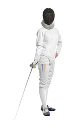 Fencer with epee on white background. Combat sport