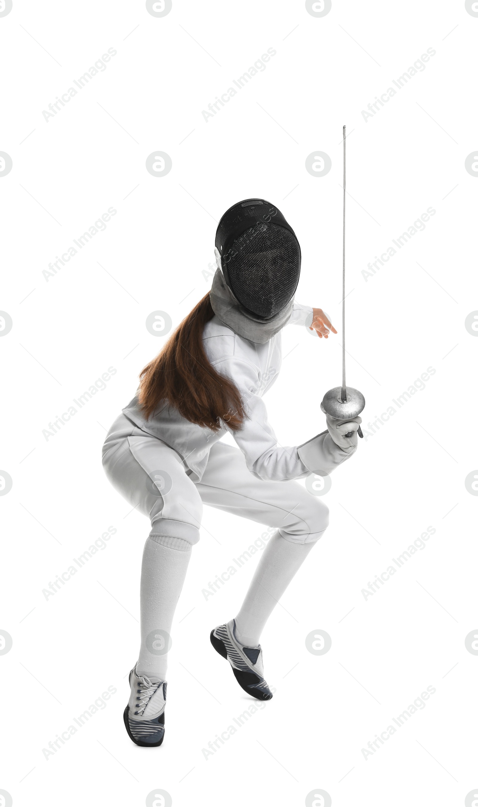 Photo of Fencer with epee practicing on white background