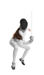 Photo of Fencer with epee practicing on white background