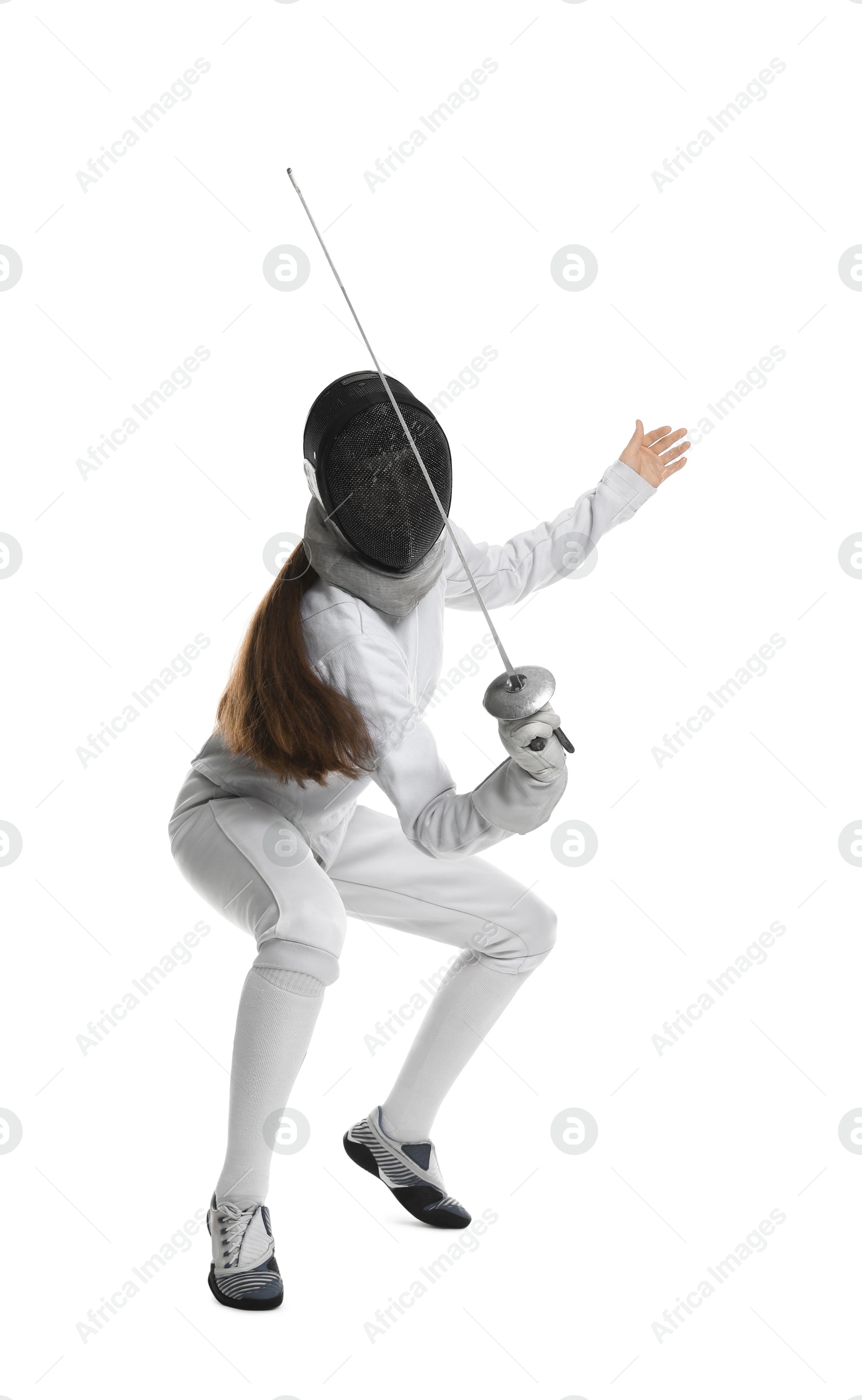 Photo of Fencer with epee practicing on white background