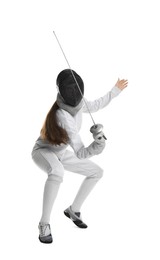 Photo of Fencer with epee practicing on white background