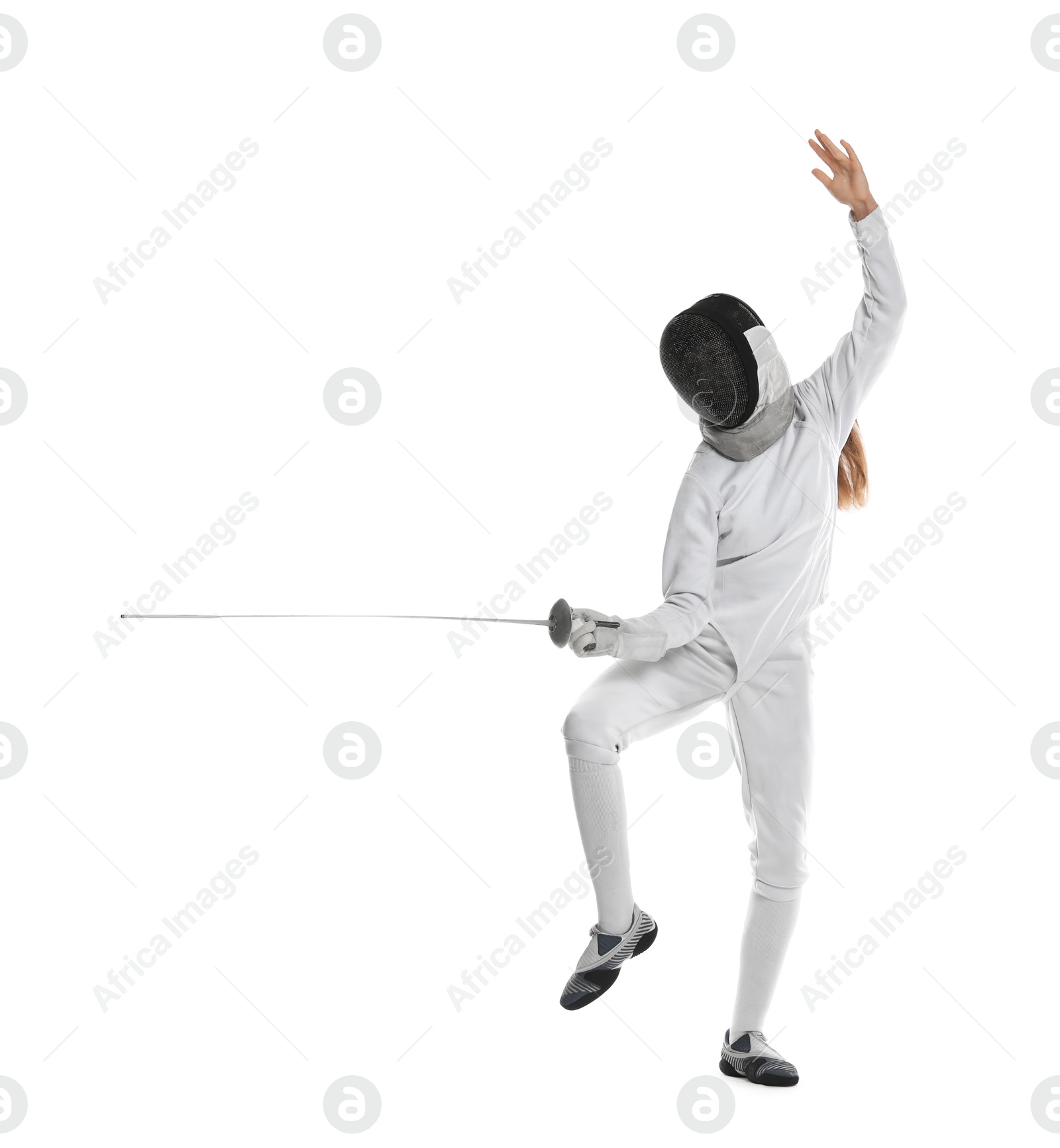 Photo of Fencer with epee practicing on white background