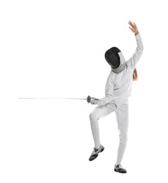 Photo of Fencer with epee practicing on white background