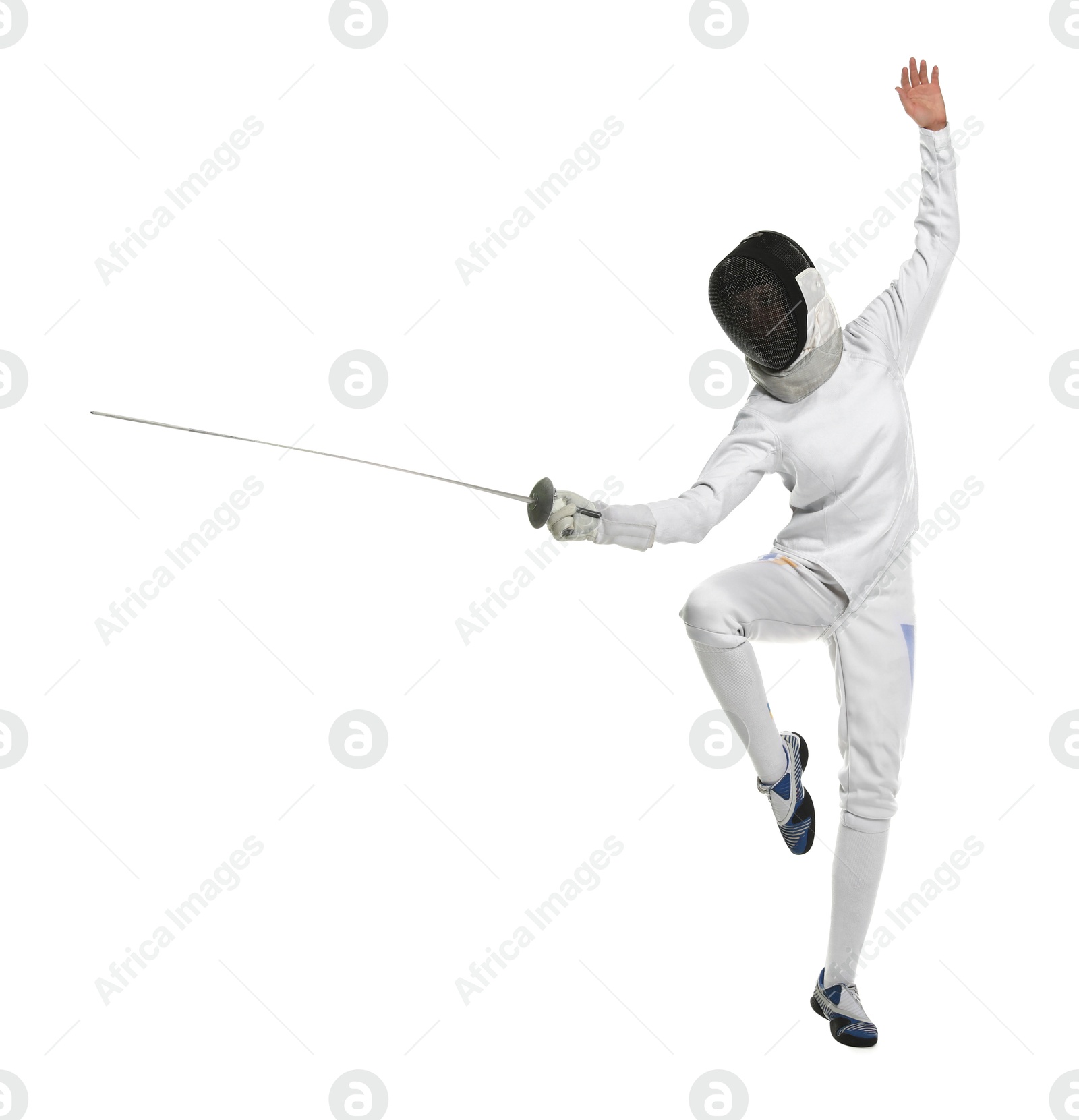 Photo of Fencer with epee practicing on white background