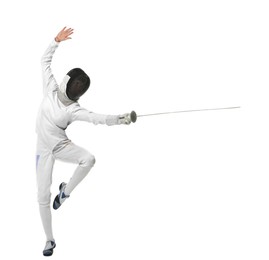 Photo of Fencer with epee practicing on white background