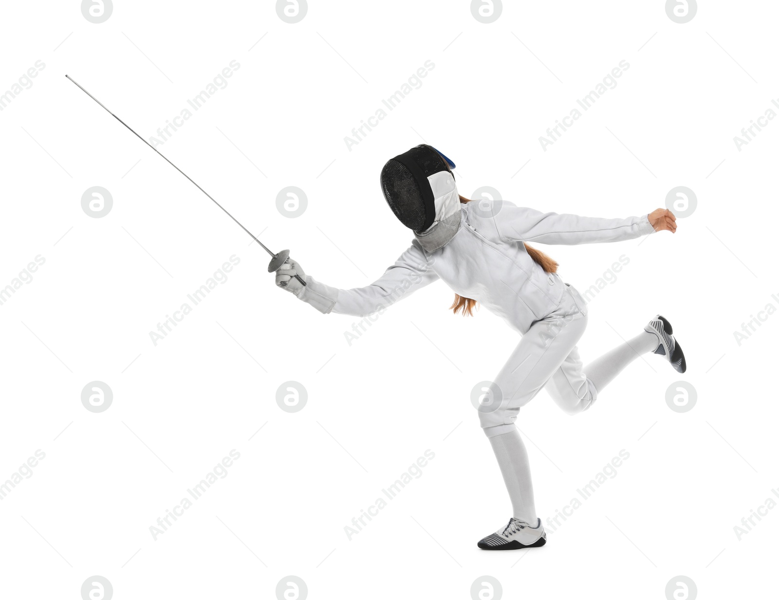 Photo of Fencer with epee practicing on white background