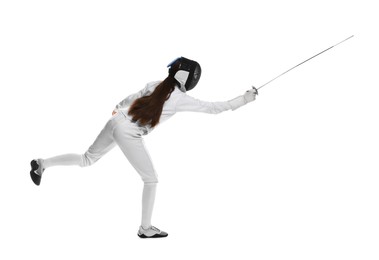 Photo of Fencer with epee practicing on white background