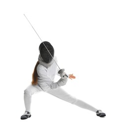 Photo of Fencer with epee practicing on white background