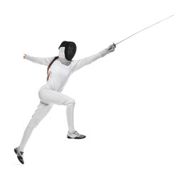 Photo of Fencer with epee practicing on white background