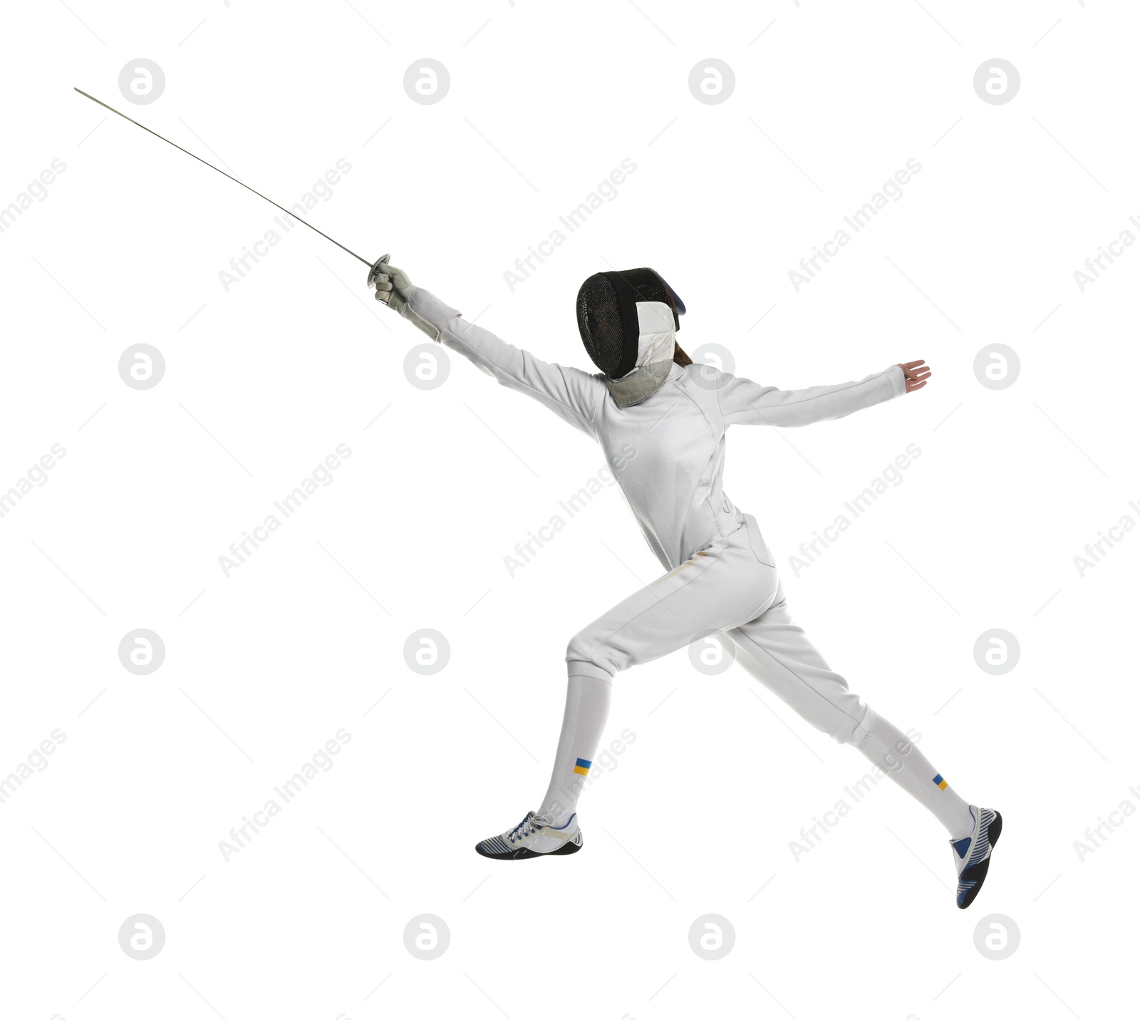 Photo of Fencer with epee practicing on white background