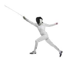 Photo of Fencer with epee practicing on white background