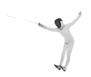 Photo of Fencer with epee practicing on white background