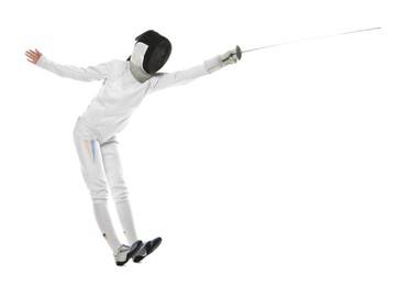 Photo of Fencer with epee practicing on white background