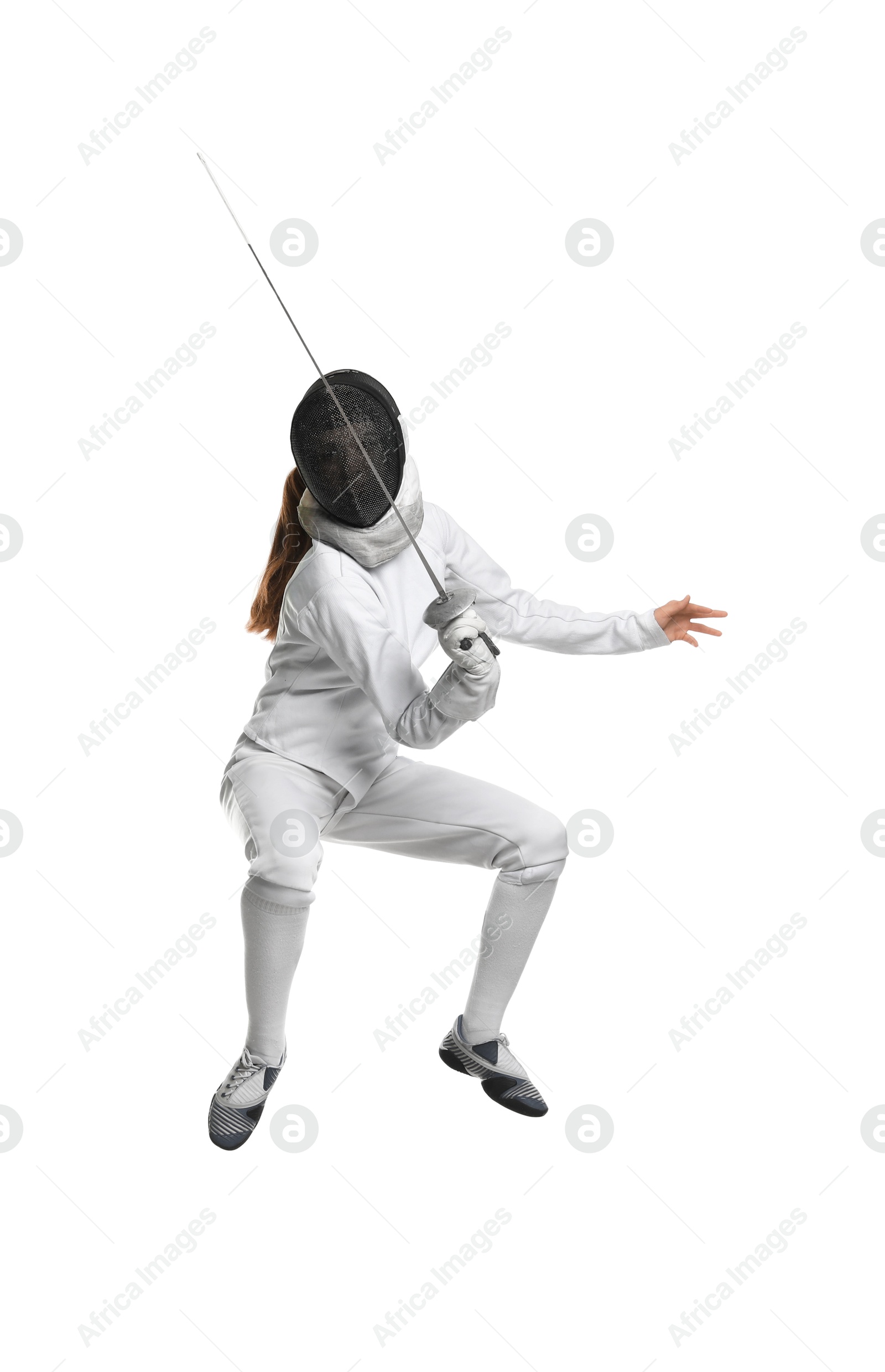 Photo of Fencer with epee practicing on white background