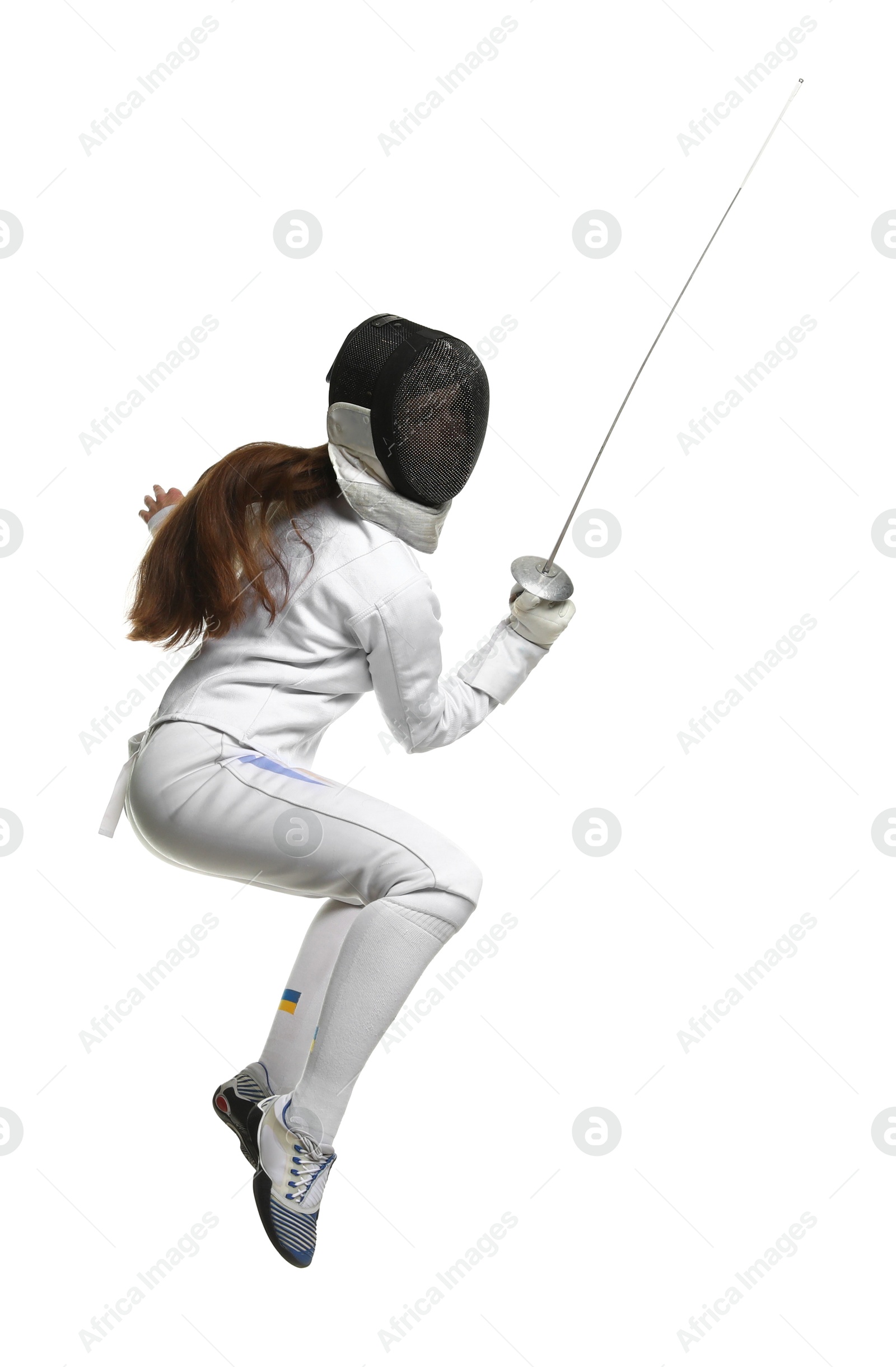 Photo of Fencer with epee practicing on white background