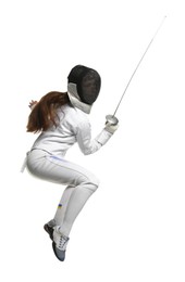 Fencer with epee practicing on white background