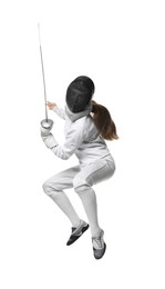 Photo of Fencer with epee practicing on white background