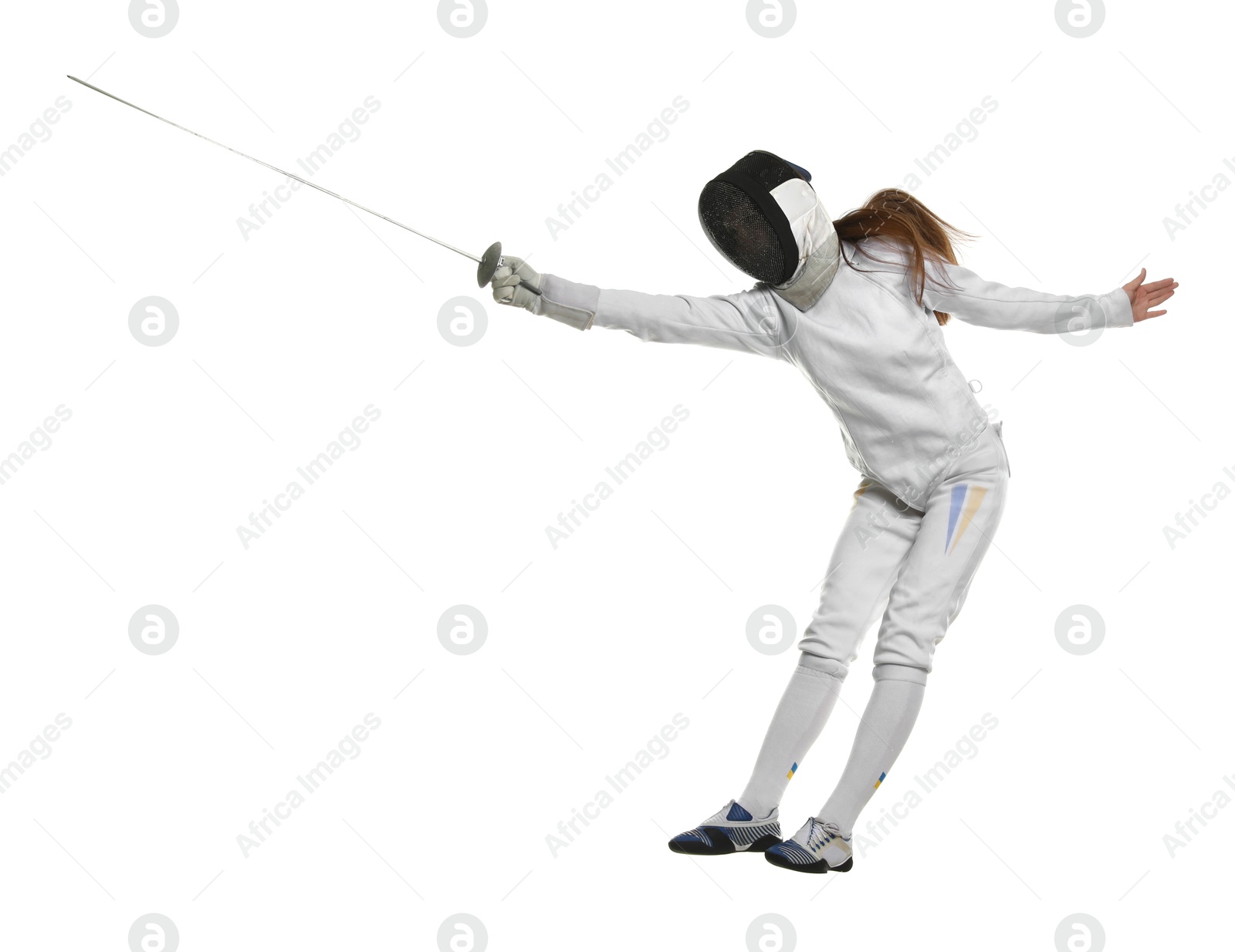 Photo of Fencer with epee practicing on white background