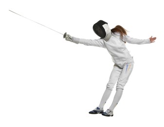 Photo of Fencer with epee practicing on white background