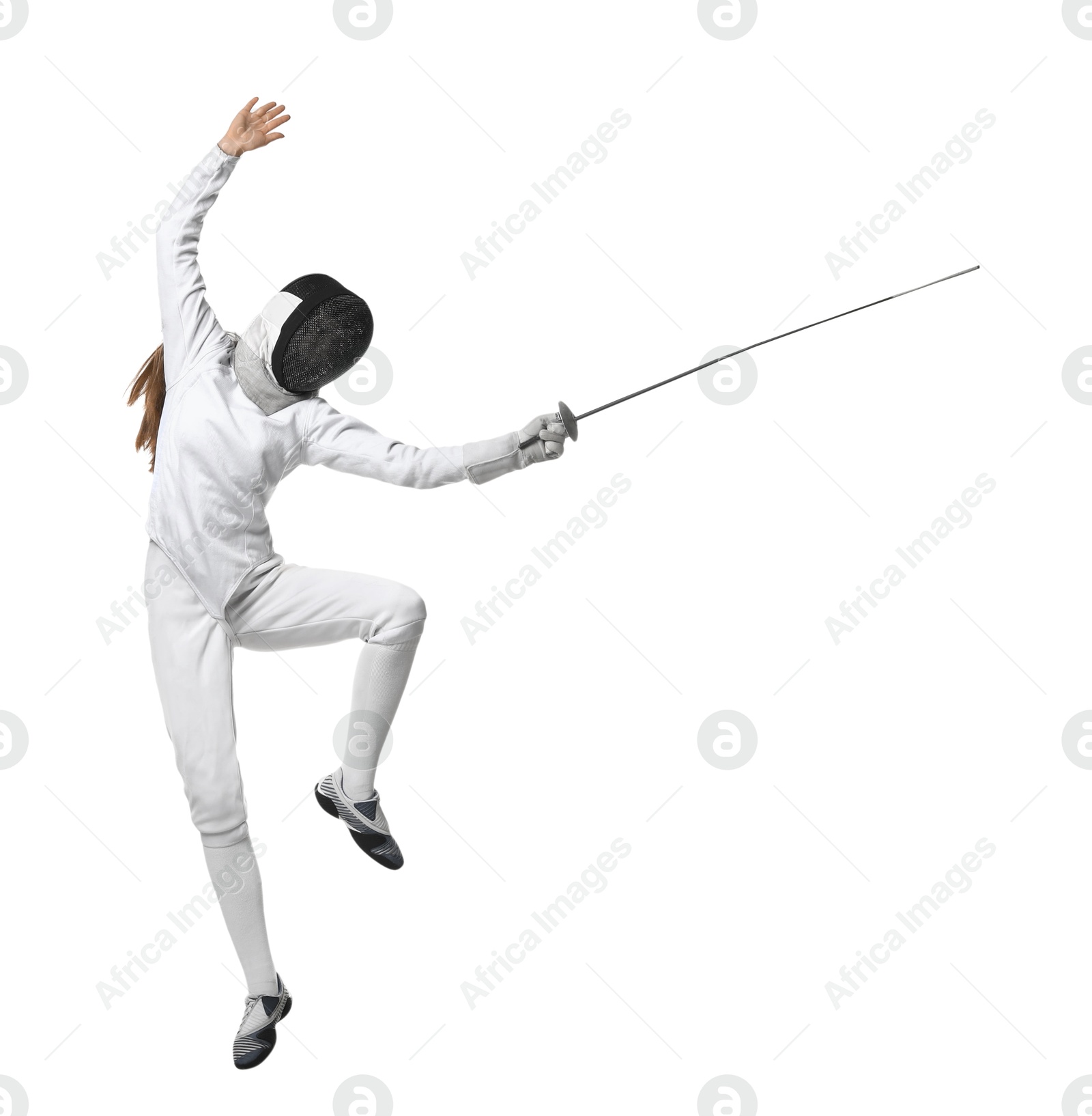 Photo of Fencer with epee practicing on white background