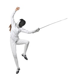 Fencer with epee practicing on white background