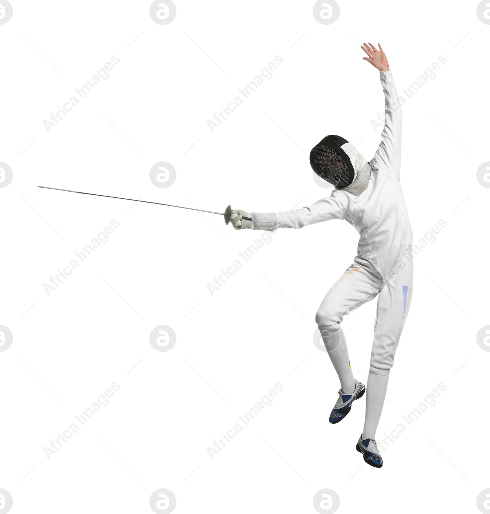 Photo of Fencer with epee practicing on white background