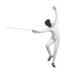 Fencer with epee practicing on white background