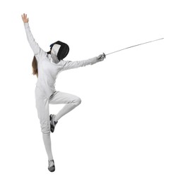 Photo of Fencer with epee practicing on white background