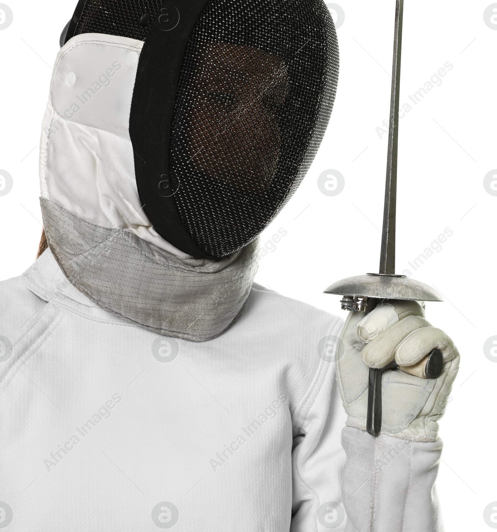 Photo of Fencer with epee on white background. Combat sport