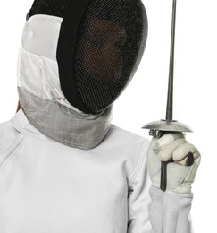 Photo of Fencer with epee on white background. Combat sport