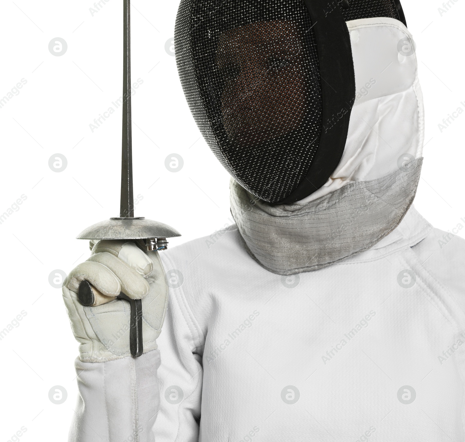 Photo of Fencer with epee on white background. Combat sport