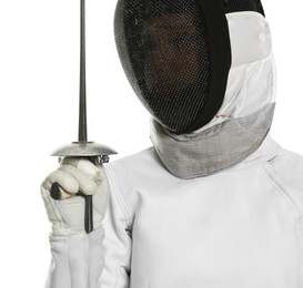 Photo of Fencer with epee on white background. Combat sport