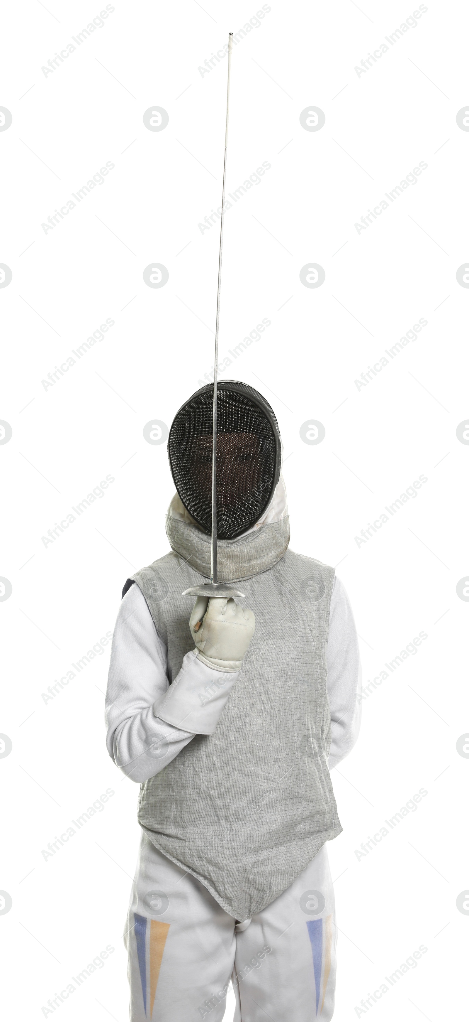 Photo of Fencer with epee on white background. Combat sport