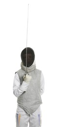 Fencer with epee on white background. Combat sport