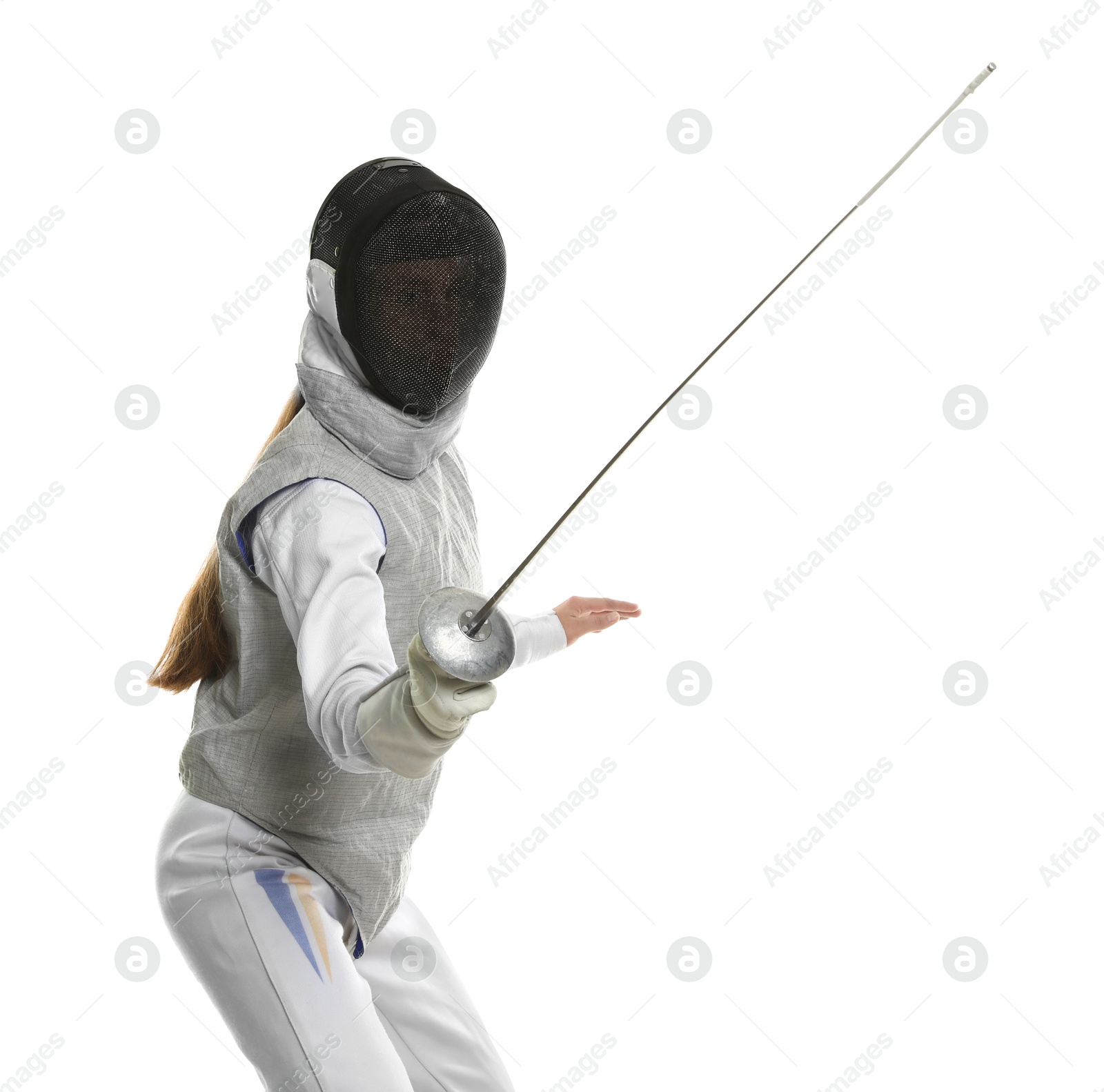 Photo of Fencer with epee practicing on white background