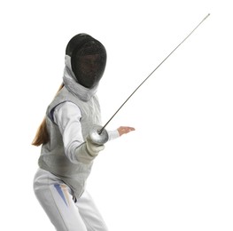 Fencer with epee practicing on white background