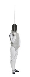 Photo of Fencer with epee on white background. Combat sport