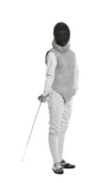 Photo of Fencer with epee on white background. Combat sport