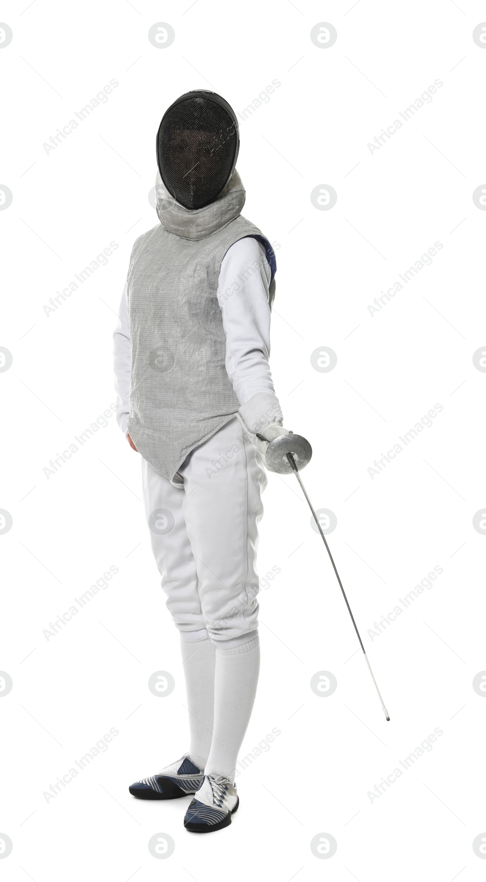 Photo of Fencer with epee on white background. Combat sport