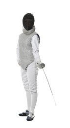 Fencer with epee on white background. Combat sport