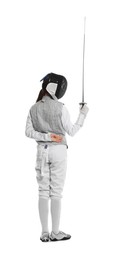 Photo of Fencer with epee on white background. Combat sport