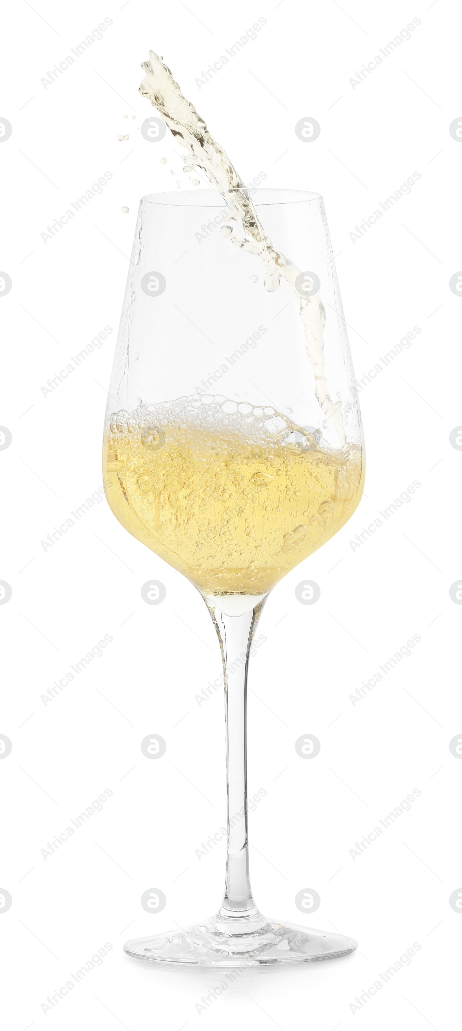 Photo of Tasty wine splashing in glass on white background