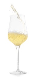 Photo of Tasty wine splashing in glass on white background