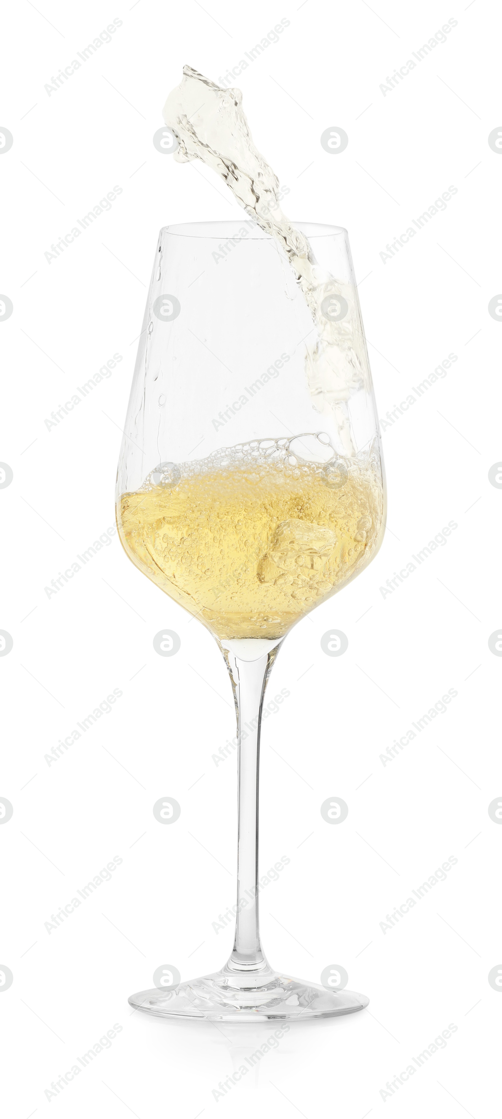 Photo of Tasty wine splashing in glass on white background