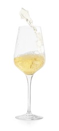 Photo of Tasty wine splashing in glass on white background