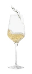 Photo of Pouring wine into glass on white background